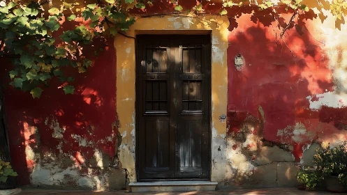 Sunlit red wall and quiet wooden door wrapped in vines.