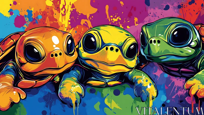 Colorful stylized turtles against bold abstract splashes.