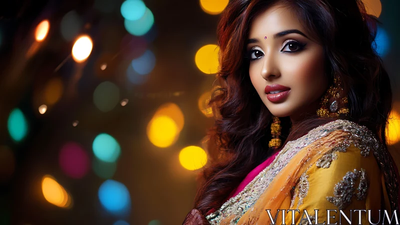 Elegant woman glows against vibrant festival bokeh lights