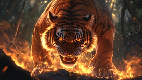 Digital rendering shows frontal view of tiger amid ground fire