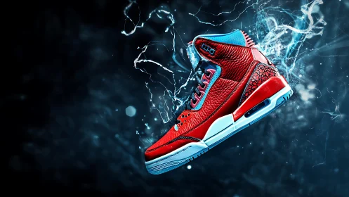 High-energy red sneaker flies through electric blue motion