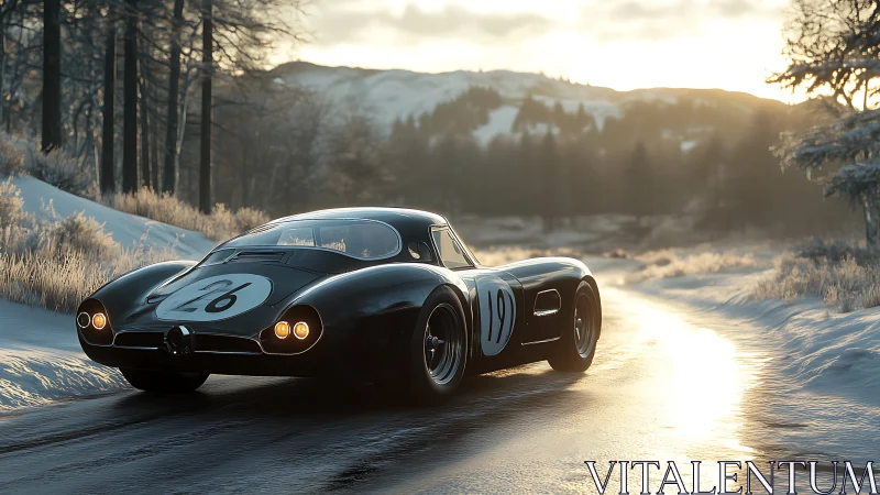 Winter highway daydream with a vintage racing coupe at dusk.