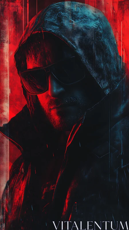 Hooded cyber-operative in high-contrast red blue chiaroscuro portrait.