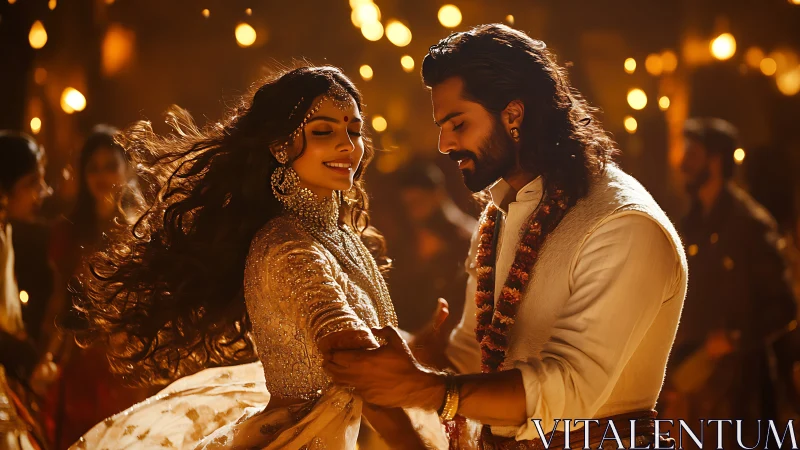 Cinematic Indian couple dancing under warm bokeh lighting with motion blur