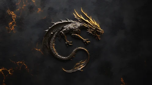 Metallic dragon emblem on dark cracked molten stone