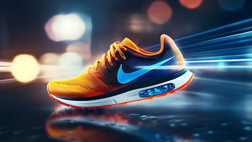 Dynamic orange and blue running shoe in motion scene.