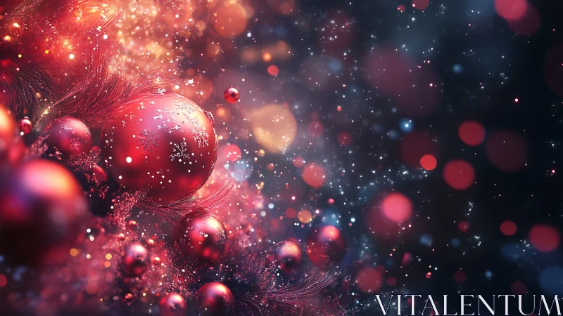 Red Christmas baubles amid glowing festive bokeh field.