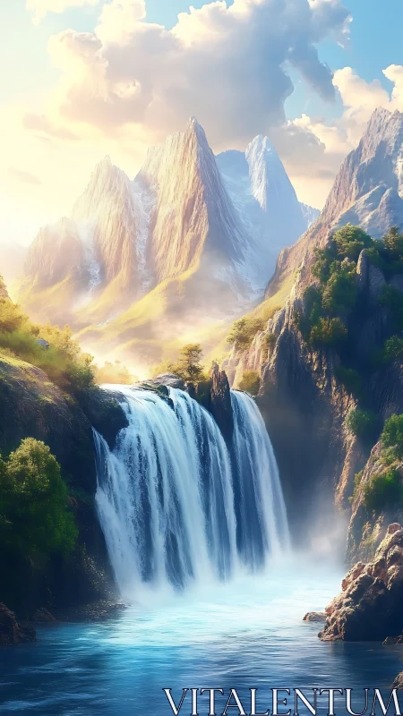 Sunlit crystal peaks cradle a roaring sapphire waterfall.