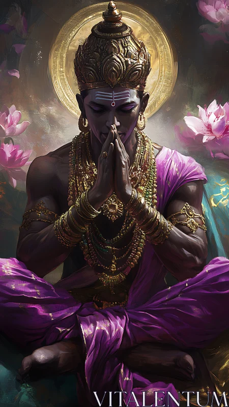 Digital painting of meditative deity in jeweled regalia and light halo.
