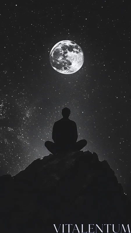 Silhouette of seated figure observing full moon in sky.