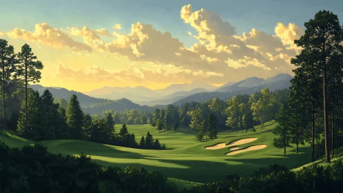 Sunlit mountain golf fairway with layered forest depth and bunkers