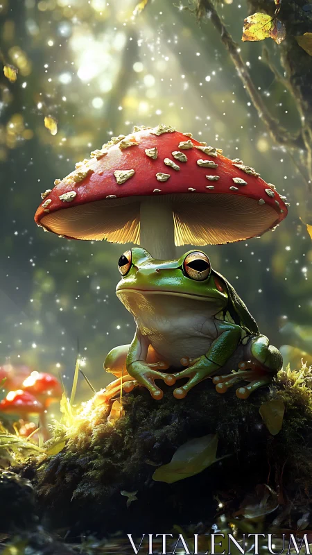 Bioluminescent forest frog beneath amanita canopy at dusk.