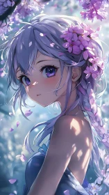 Silver-haired anime girl under glowing cherry blossoms.