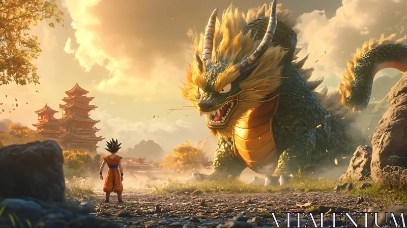 Sunlit warrior greets thunder-maned dragon beneath drifting clouds