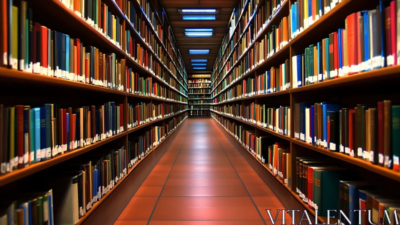 Symmetrical library aisle uses deep linear perspective and even lighting