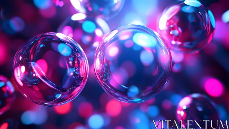 Shiny Floating Bubbles in Neon Abstract Style with Colorful Lights.