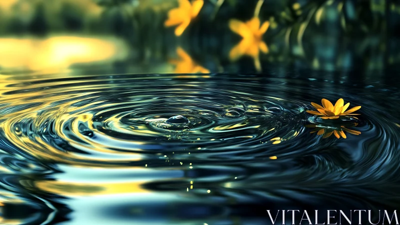 Gentle yellow blossom drifting across rippling twilight water.