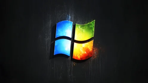Glowing four-color window logo burns against dark metal backdrop