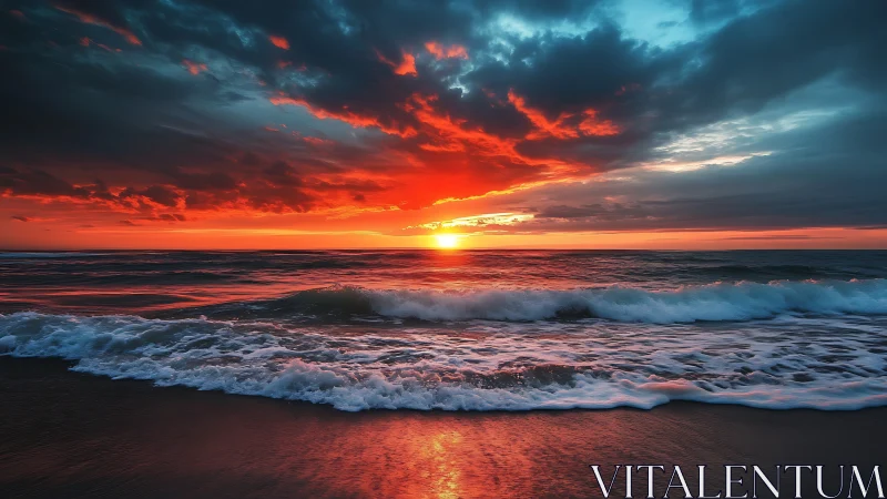 Low-angle seascape with fiery horizon sunset and foamy surf
