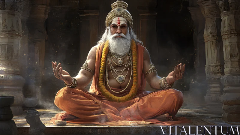 Vedic sage in temple mandapa rendered with cinematic digital realism