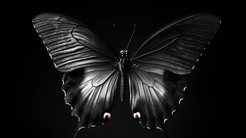 Photorealistic black butterfly on deep negative space background.