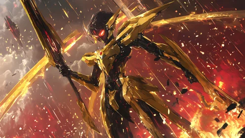 Golden mecha angel dominates fiery apocalyptic battlefield.