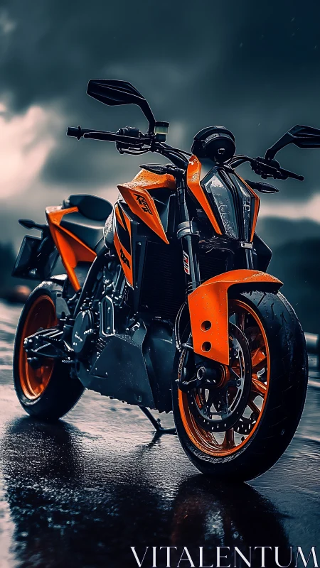 Storm-soaked orange streetfighter hums against brooding skies