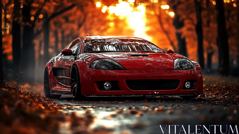Low-angle sports car portrait dramatizes autumn backlight glow