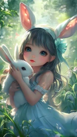 Bunny-eared girl cradles white rabbit in soft forest light