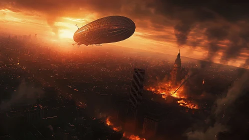 Dirigible surveys burning dystopian city under volumetric sunset sky