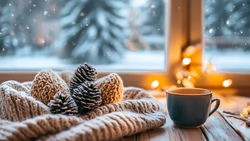 Gentle winter morning wraps cozy knits, pinecones and warm tea