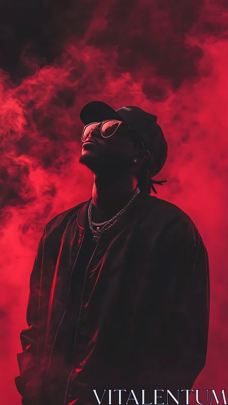 Moody portrait in red smoke with reflective sunglasses.