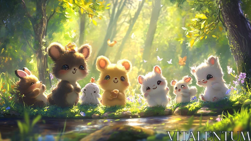Woodland cuddle critters bask in sunlit forest glow.