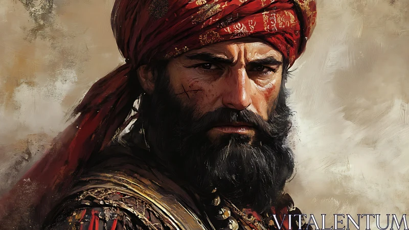 Brooding desert warrior gazes ahead with fierce resolve