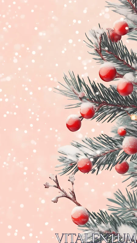 Snowy fir branches with red berries frame pastel winter scene