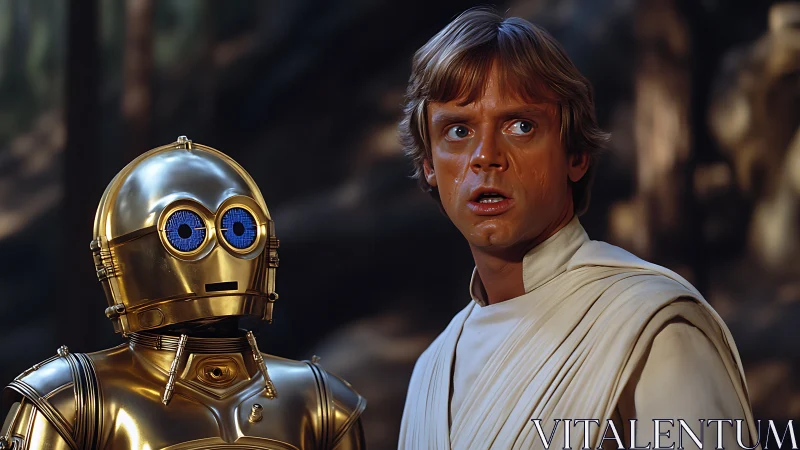 Human and golden robot in cinematic forest close-up scene.