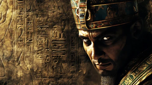 Egyptian ruler portrait stands before carved hieroglyph wall