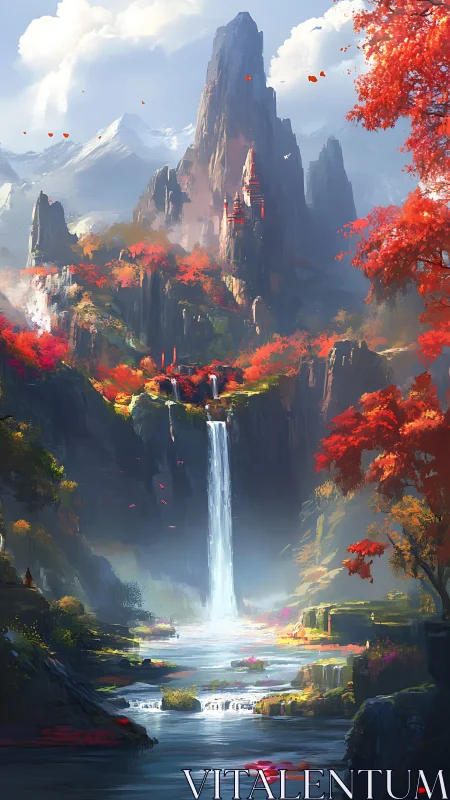 Crimson peaks and hidden temple watching a silver waterfall.