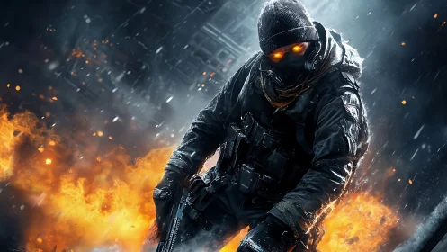 Tactical shock trooper amid incendiary urban crossfire.