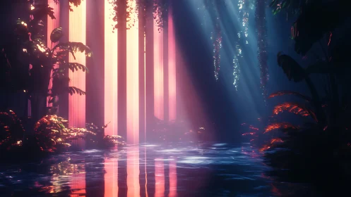 Neon Forest Gateway: Where Pink Light Cuts Through Darkness.