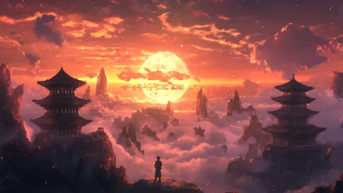 Mountain pagodas above clouds under large setting sun.