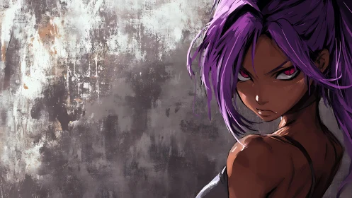Purple-haired anime warrior against textured concrete wall.