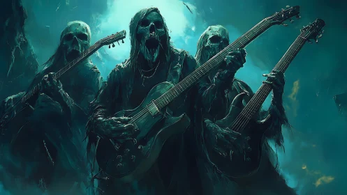 Skeletal robed figures hold electric guitars in teal mist