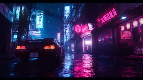 Sports car in neon lit rainy alleyway at night city street