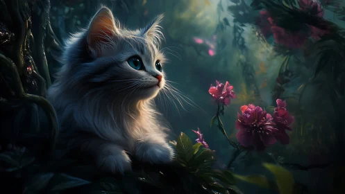 Meet the Enchanted Garden Kitten Admiring Blooming Roses