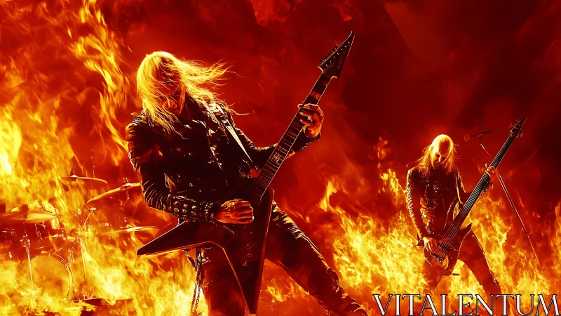 Heavy Metal Musicians in Flames. Dramatic Concert Performance Art.
