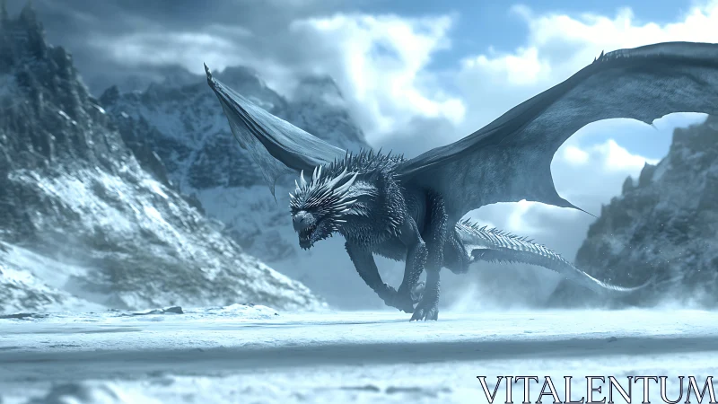 Ice dragon strides across frozen valley with wings spread wide