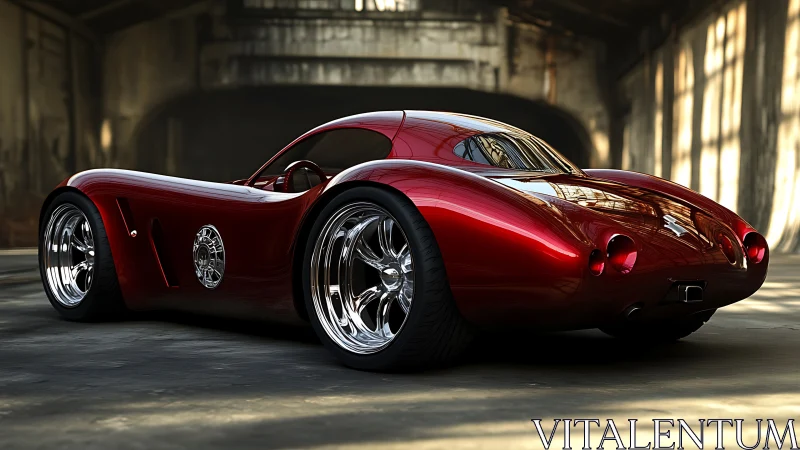 Crimson retro-future roadster resting in quiet warehouse light.