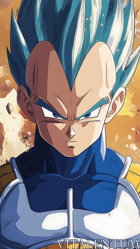 Blue haired anime warrior in battle armor portrait.