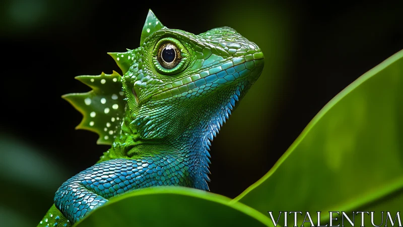 Jungle jewel lizard crowned in emerald frills and turquoise light.